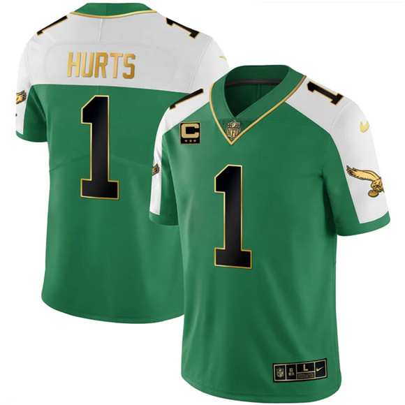 Men's Kelly Green Philadelphia Eagles #1 Jalen Hurts Alternate Gold With 3-Star C Patch Stitched Football Jersey